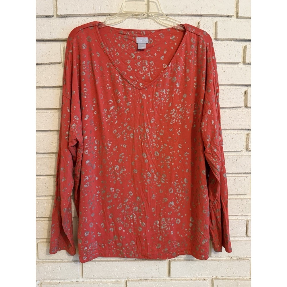 Chicos‎ 3 Womens Top 3/4 Sleeve Red w/ Gold Dots  Size XL/16
